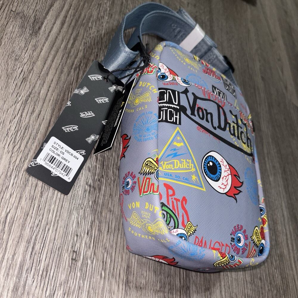Von Dutch Gray Small Zip Crossbody Bag w/ Adjustable Strap Logo Printed - Picture 3 of 12